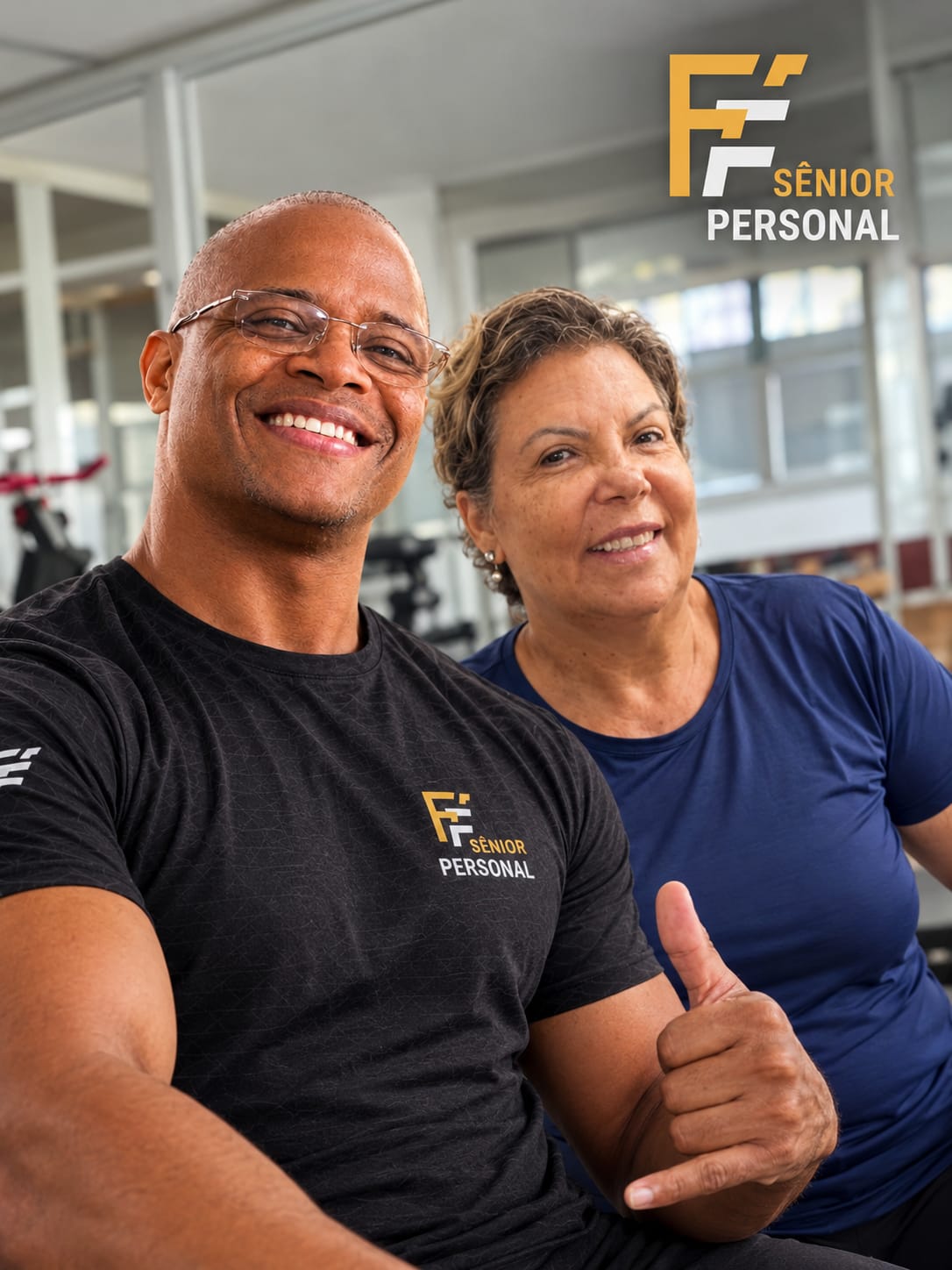 Personal trainer FF Senior Personal sorrindo com aluna idosa na academia